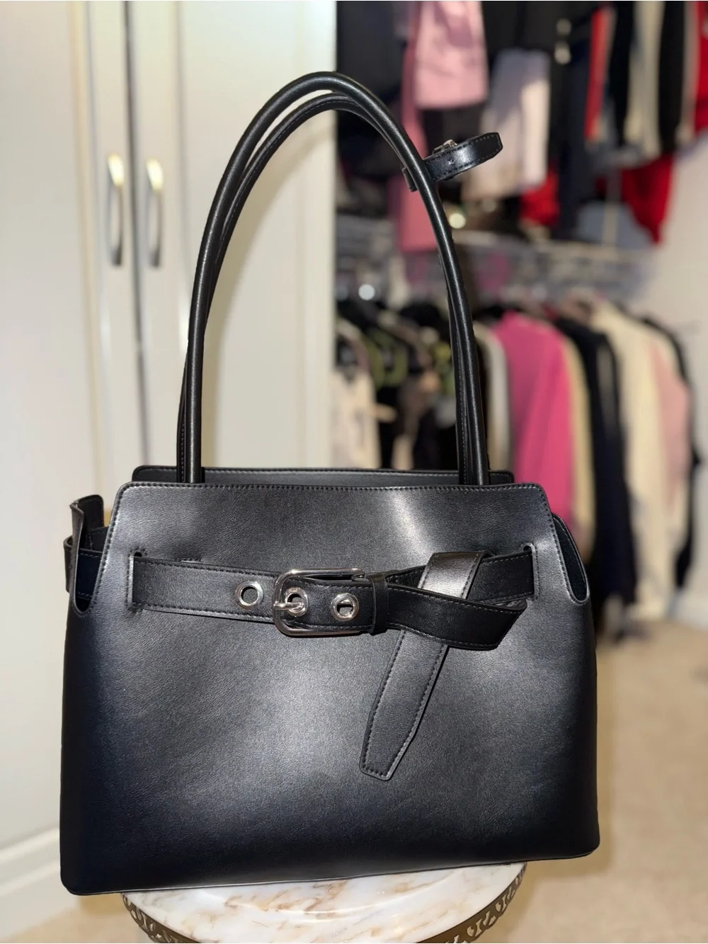 Women's Black faux Leather Top-Handle Bag with Buckle Detail new with tag H&M